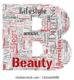 Vector conceptual healthy living positive nutrition sport letter font word cloud isolated background. Collage of happiness care, organic, recreation workout, beauty, vital healthcare spa concept