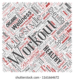 Vector conceptual healthy living positive nutrition sport square red word cloud isolated background. Collage of happiness care, organic, recreation workout, beauty, vital healthcare spa concept