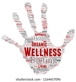 Vector conceptual healthy living positive nutrition sport hand print word cloud isolated background. Collage of happiness care, organic, recreation workout, beauty, vital healthcare spa concept