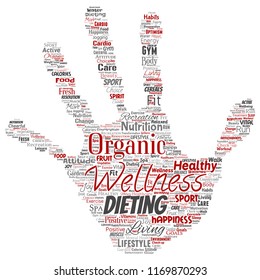 Vector conceptual healthy living positive nutrition sport hand print stamp word cloud isolated background. Collage of happiness care, organic, recreation workout, beauty, vital healthcare spa concept