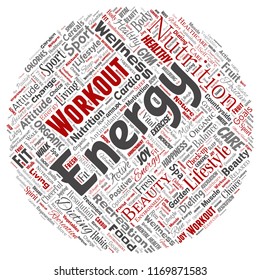 Vector conceptual healthy living positive nutrition sport round circle red word cloud isolated background. Collage of happiness care, organic, recreation workout, beauty, vital healthcare spa concept