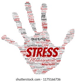 Vector conceptual healthy living positive nutrition sport hand print stamp word cloud isolated background. Collage of happiness care, organic, recreation workout, beauty, vital healthcare spa concept