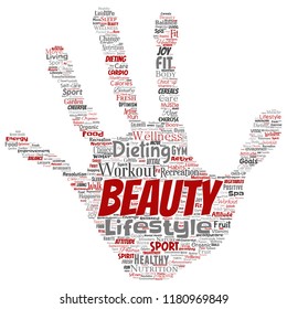Vector conceptual healthy living positive nutrition sport hand print stamp word cloud isolated background. Collage of happiness care, organic, recreation workout, beauty, vital healthcare spa concept