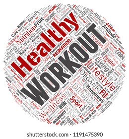 Vector conceptual healthy living positive nutrition sport round circle red word cloud isolated background. Collage of happiness care, organic, recreation workout, beauty, vital healthcare spa concept