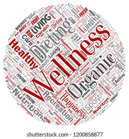 Vector conceptual healthy living positive nutrition sport round circle red word cloud isolated background. Collage of happiness care, organic, recreation workout, beauty, vital healthcare spa concept