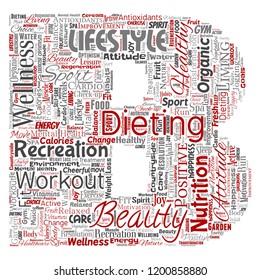 Vector conceptual healthy living positive nutrition sport letter font word cloud isolated background. Collage of happiness care, organic, recreation workout, beauty, vital healthcare spa concept