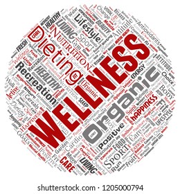 Vector conceptual healthy living positive nutrition sport round circle red word cloud isolated background. Collage of happiness care, organic, recreation workout, beauty, vital healthcare spa concept