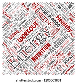Vector conceptual healthy living positive nutrition sport square red word cloud isolated background. Collage of happiness care, organic, recreation workout, beauty, vital healthcare spa concept