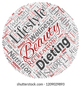 Vector conceptual healthy living positive nutrition sport round circle red word cloud isolated background. Collage of happiness care, organic, recreation workout, beauty, vital healthcare spa concept