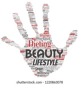 Vector conceptual healthy living positive nutrition sport hand print stamp word cloud isolated background. Collage of happiness care, organic, recreation workout, beauty, vital healthcare spa concept