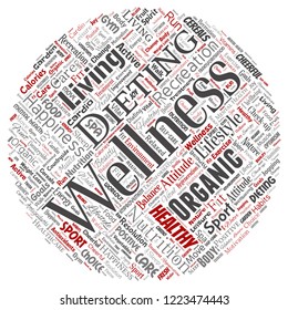 Vector conceptual healthy living positive nutrition sport round circle red word cloud isolated background. Collage of happiness care, organic, recreation workout, beauty, vital healthcare spa concept