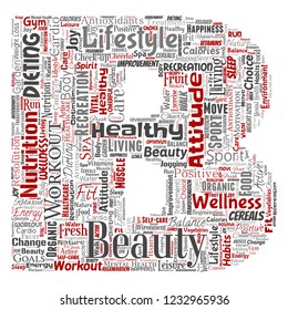 Vector conceptual healthy living positive nutrition sport letter font word cloud isolated background. Collage of happiness care, organic, recreation workout, beauty, vital healthcare spa concept