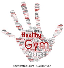 Vector conceptual healthy living positive nutrition sport hand print stamp word cloud isolated background. Collage of happiness care, organic, recreation workout, beauty, vital healthcare spa concept