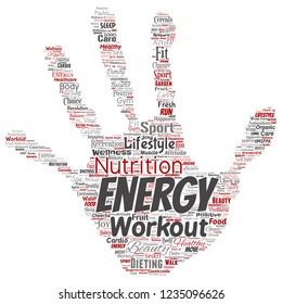Vector conceptual healthy living positive nutrition sport hand print stamp word cloud isolated background. Collage of happiness care, organic, recreation workout, beauty, vital healthcare spa concept