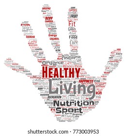 Vector conceptual healthy living positive nutrition sport hand print stamp word cloud isolated background. Collage of happiness care, organic, recreation workout, beauty, vital healthcare spa concept