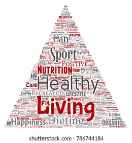 Vector conceptual healthy living positive nutrition sport triangle arrow word cloud isolated background. Collage of happiness care, organic, recreation workout, beauty, vital healthcare spa concept