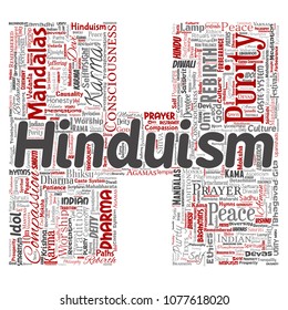 Vector conceptual hinduism, shiva, rama, yoga letter font H red word cloud isolated background. Collage of mandalas, samsara, celebration, tradition, peace, compassion, rebirth, karma, dharma concept