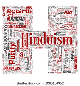 Vector conceptual hinduism, shiva, rama, yoga letter font H red word cloud isolated background. Collage of mandalas, samsara, celebration, tradition, peace, compassion, rebirth, karma, dharma concept