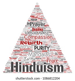 Vector conceptual hinduism, shiva, rama, yoga triangle arrow red word cloud isolated background. Collage of mandalas, samsara, celebration, tradition, peace, compassion, rebirth, karma, dharma concept