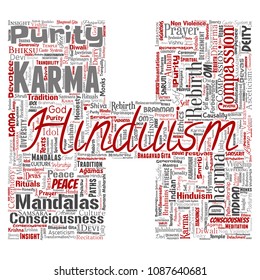 Vector conceptual hinduism, shiva, rama, yoga letter font H red word cloud isolated background. Collage of mandalas, samsara, celebration, tradition, peace, compassion, rebirth, karma, dharma concept