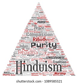 Vector conceptual hinduism, shiva, rama, yoga triangle arrow red word cloud isolated background. Collage of mandalas, samsara, celebration, tradition, peace, compassion, rebirth, karma, dharma concept