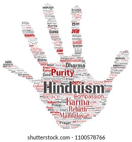 Vector conceptual hinduism, shiva, rama, yoga hand print stamp word cloud isolated background. Collage of mandalas, samsara, celebration, tradition, peace, compassion, rebirth, karma, dharma concept