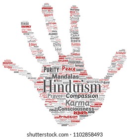 Vector conceptual hinduism, shiva, rama, yoga hand print stamp word cloud isolated background. Collage of mandalas, samsara, celebration, tradition, peace, compassion, rebirth, karma, dharma concept