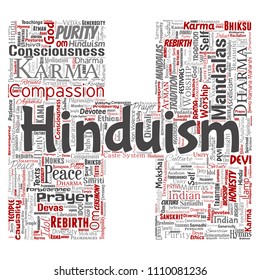 Vector conceptual hinduism, shiva, rama, yoga letter font H red word cloud isolated background. Collage of mandalas, samsara, celebration, tradition, peace, compassion, rebirth, karma, dharma concept