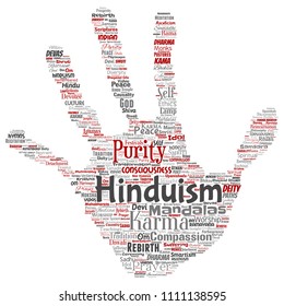 Vector conceptual hinduism, shiva, rama, yoga hand print stamp word cloud isolated background. Collage of mandalas, samsara, celebration, tradition, peace, compassion, rebirth, karma, dharma concept