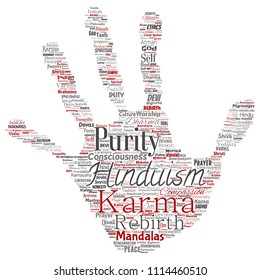 Vector conceptual hinduism, shiva, rama, yoga hand print stamp word cloud isolated background. Collage of mandalas, samsara, celebration, tradition, peace, compassion, rebirth, karma, dharma concept