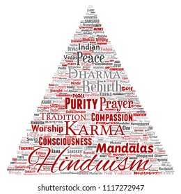 Vector conceptual hinduism, shiva, rama, yoga triangle arrow red word cloud isolated background. Collage of mandalas, samsara, celebration, tradition, peace, compassion, rebirth, karma, dharma concept