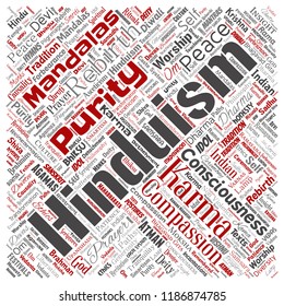 Vector conceptual hinduism, shiva, rama, yoga square red word cloud isolated background. Collage of mandalas, samsara, celebration, tradition, peace, compassion, rebirth, karma, dharma concept