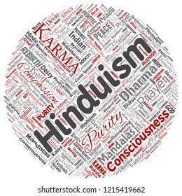 Vector conceptual hinduism, shiva, rama, yoga round circle red word cloud isolated background. Collage of mandalas, samsara, celebration, tradition, peace, compassion, rebirth, karma, dharma concept