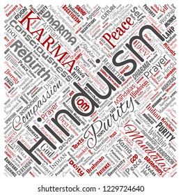 Vector conceptual hinduism, shiva, rama, yoga square red word cloud isolated background. Collage of mandalas, samsara, celebration, tradition, peace, compassion, rebirth, karma, dharma concept