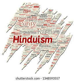 Vector conceptual hinduism, shiva, rama, yoga old torn paper word cloud isolated background. Collage of mandalas, samsara, celebration, tradition, peace, compassion, rebirth, karma, dharma concept