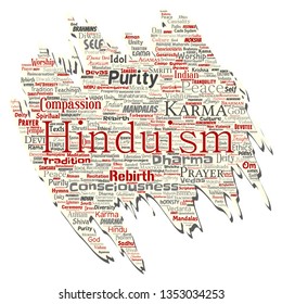 Vector conceptual hinduism, shiva, rama, yoga old torn paper word cloud isolated background. Collage of mandalas, samsara, celebration, tradition, peace, compassion, rebirth, karma, dharma concept