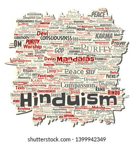 Vector conceptual hinduism, shiva, rama, yoga old torn paper word cloud isolated background. Collage of mandalas, samsara, celebration, tradition, peace, compassion, rebirth, karma, dharma concept
