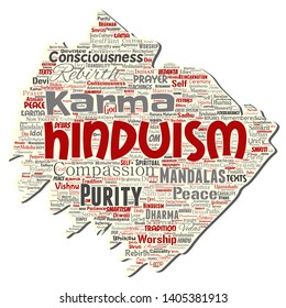 Vector conceptual hinduism, shiva, rama, yoga old torn paper word cloud isolated background. Collage of mandalas, samsara, celebration, tradition, peace, compassion, rebirth, karma, dharma concept
