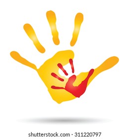 Humanidad conceptual vectorial, madre, niños con huellas de mano pintadas, aislados en fondo blanco para el arte, cuidado, niñez, familia, diversión, feliz, bebé, símbolo, niño, pequeño, amor, mamá, maternidad, diseño joven
