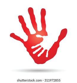 Vector conceptual human, mother, child hand prints painted, isolated on white background for art, care, childhood, family, fun, happy, infant, symbol, kid, little, love, mom, motherhood, young design