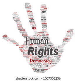 Vector conceptual human rights political freedom, democracy hand print stamp word cloud isolated background. Collage of humanity tolerance, law principles, people justice or discrimination concept