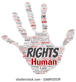 Vector conceptual human rights political freedom, democracy hand print stamp word cloud isolated background. Collage of humanity tolerance, law principles, people justice or discrimination concept