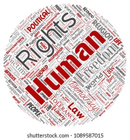 Vector conceptual human rights political freedom, democracy round circle red  word cloud isolated background. Collage of humanity tolerance, law principles, people justice or discrimination concept