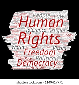 Vector conceptual human rights political freedom, democracy paint brush paper word cloud isolated background. Collage of humanity tolerance, law principles, people justice or discrimination concept