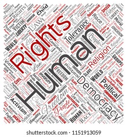 Vector conceptual human rights political freedom, democracy square red  word cloud isolated background. Collage of humanity tolerance, law principles, people justice or discrimination concept