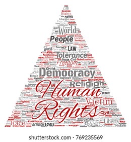 Vector conceptual human rights political freedom, democracy triangle arrow  word cloud isolated background. Collage of humanity tolerance, law principles, people justice or discrimination concept