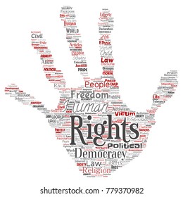 Vector conceptual human rights political freedom, democracy hand print stamp word cloud isolated background. Collage of humanity tolerance, law principles, people justice or discrimination concept