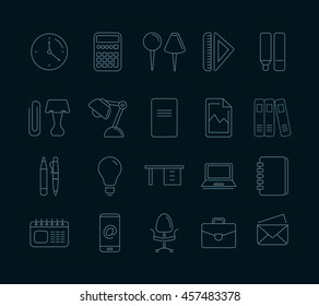 vector Conceptual icons set with stationery elements isolate on dark background. Illustrtations in linear stile