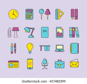 vector Conceptual icons set with stationery elements isolate on dark background. Illustrtations in linear stile