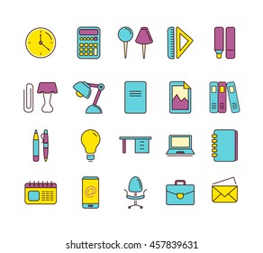 vector Conceptual icons set with stationery elements isolate on white background. Illustrations in linear stile